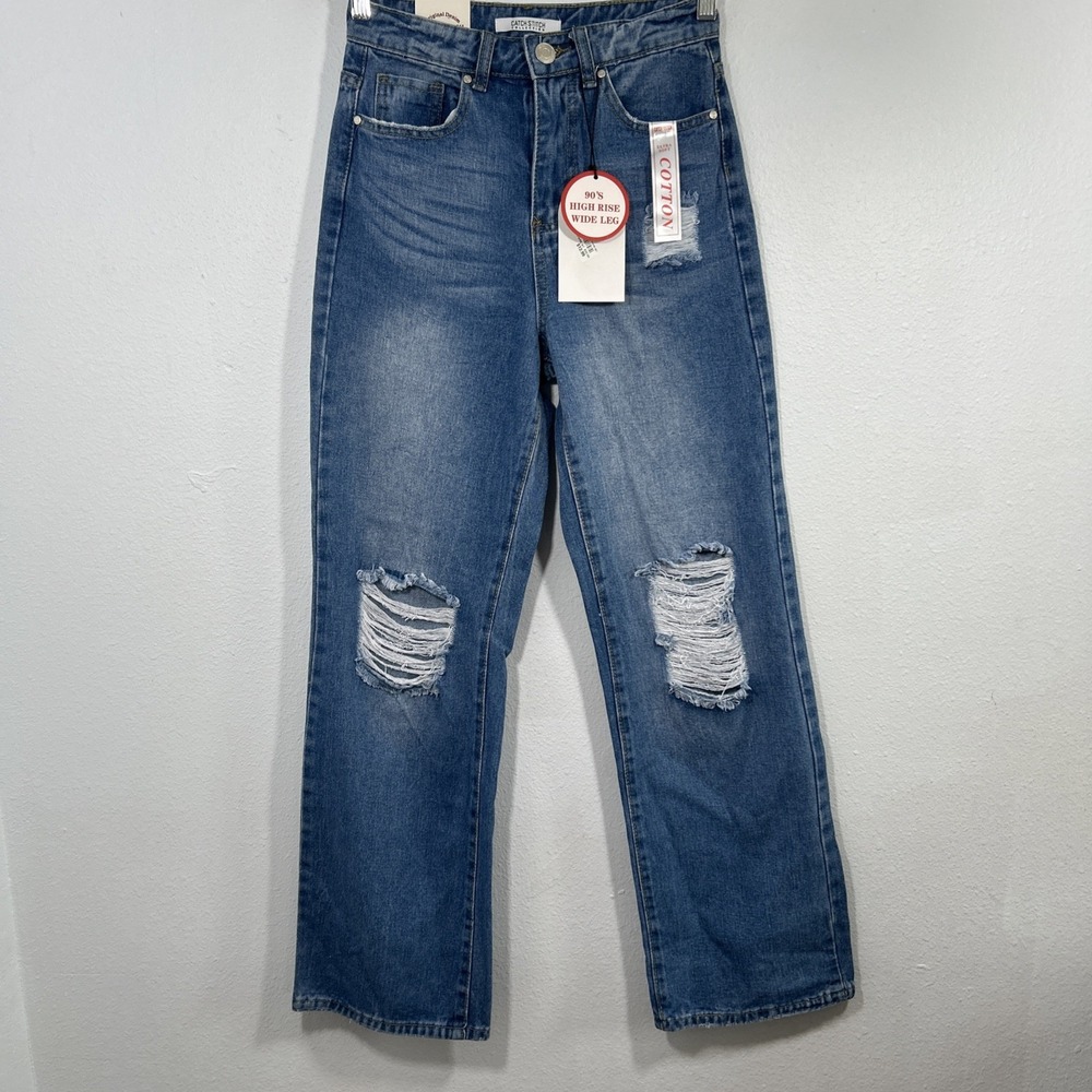 Catch Stitch‎ Jeans Womens 26 Blue Wide Leg Distressed High Rise Denim Y2K 90s